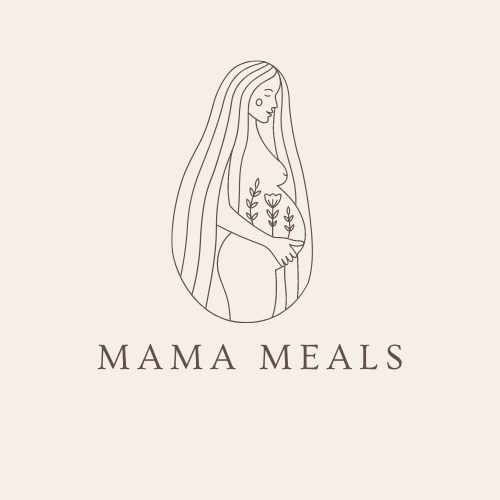 Mama Meals logo, portraying a pregnant woman with flowers and flowing long hair