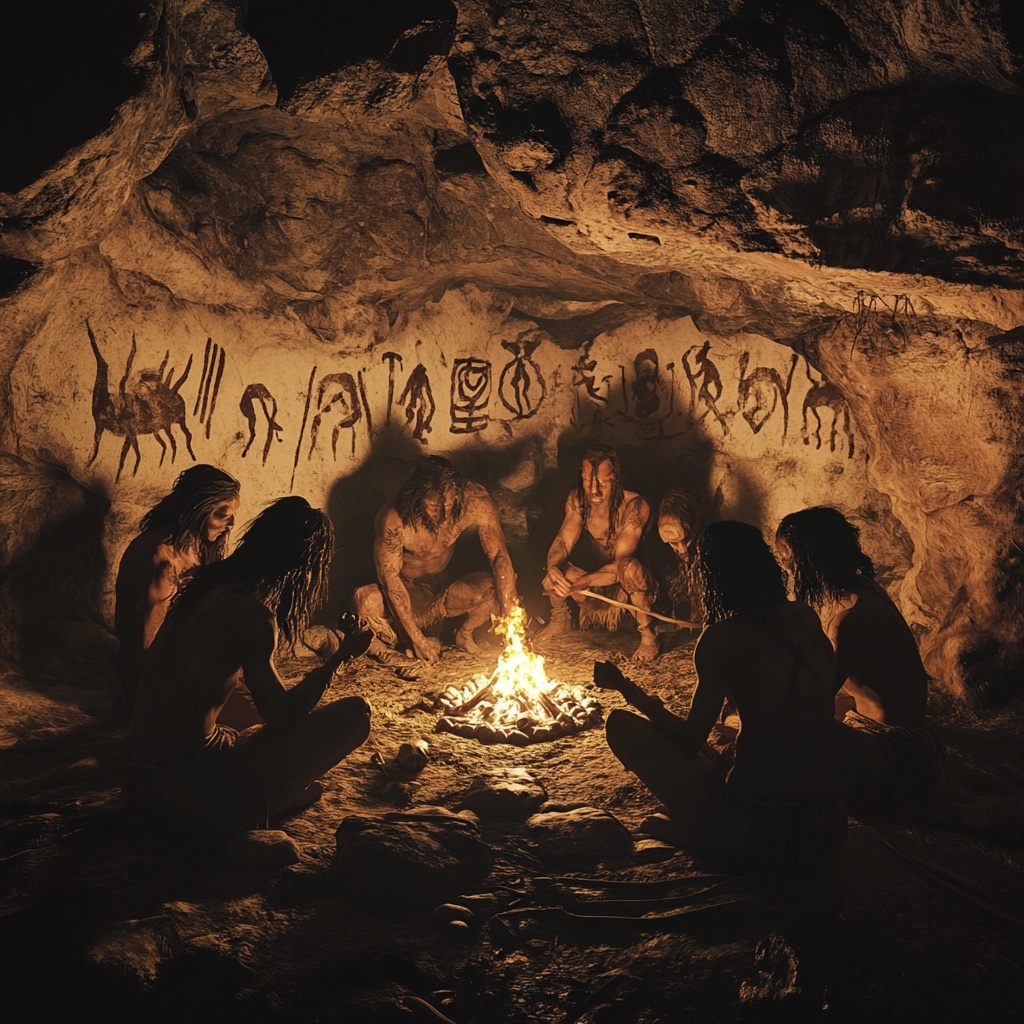 cave men and women gathered around a campfire